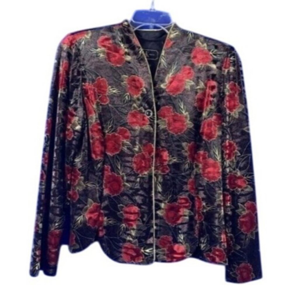 R&K Evenings Red & Black Rose Floral Lightweight Button Up Jacket size 10 Petite